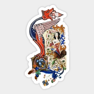 WEIRD MEDIEVAL BESTIARY Dragon and Spinning Harpy Among Flowers Sticker